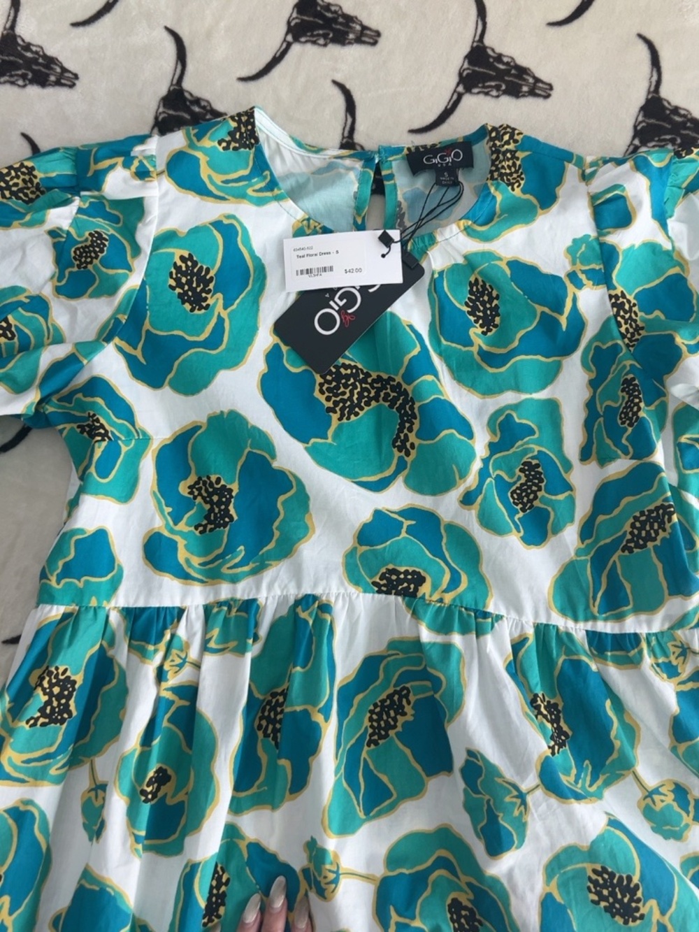 NWT GIGIO Teal Poppy Floral Cotton Babydoll Dress Size S - Picture 3 of 7